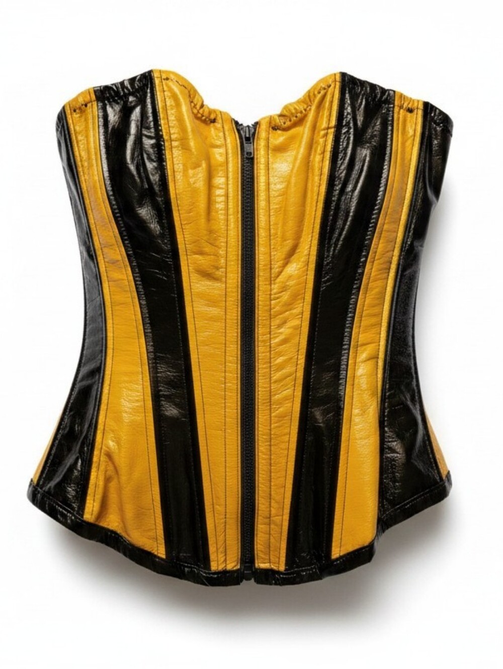 Dao Yellow and Black Faux Leather Striped Corset Full Body Shaper Top, EUC, XXXS